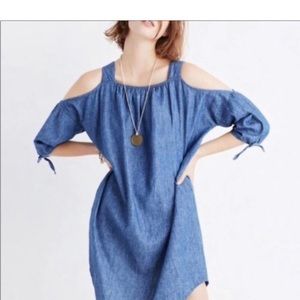 Madewell Denim Cold Shoulder Chambray Dress Blue Linen Cotton Blend
